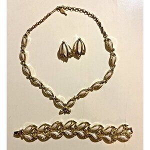 Sarah Coventry PLAIN & FANCY Gold & Silver-Tone LEAF Necklace Bracelet Earrings